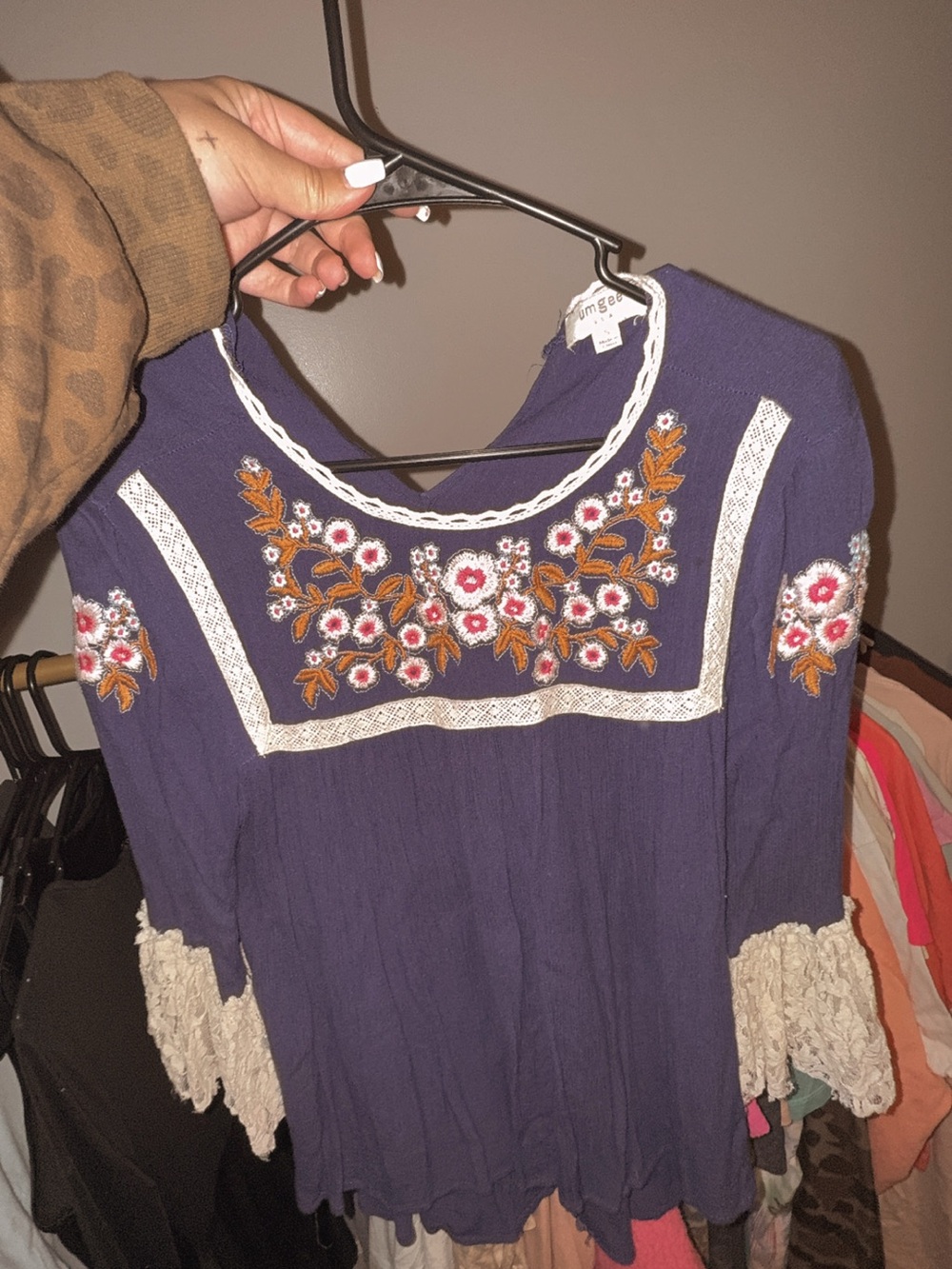 Umgee Purple Embroidered Tunic with Cream Lace
